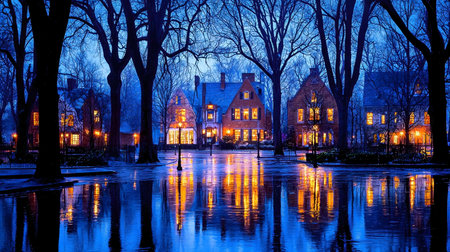 Houses in a park with lights reflecting on the water during a winter night.