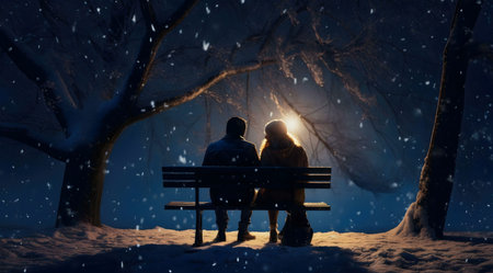 A loving couple shares a quiet moment on a snowy bench at night, surrounded by snow falling gently.の写真素材