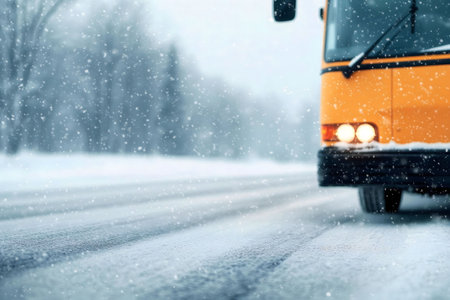 A yellow school bus drives on a snowy road during a winter storm.の写真素材