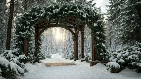 A stunning winter scene featuring a snow-covered wooden archway leading through a sunlit forest path. Peaceful and magical.の写真素材