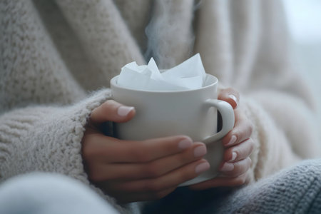 Close-up of a woman's hands gently holding a steaming mug on a cold winter day.の写真素材
