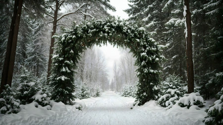 A picturesque winter wonderland scene featuring a snow-covered path, archway of evergreens, and serene forestの写真素材