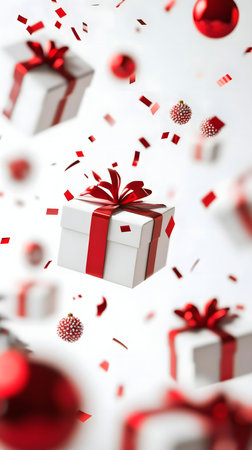 Floating gifts, red ribbons, and confetti celebrate Christmas.の写真素材