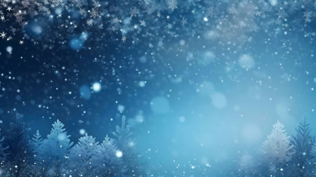 Snowy night scene with falling snowflakes and snow-covered trees. Perfect for winter holidays.の写真素材