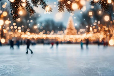 Blurry ice skating rink at night with festive lights and a Christmas tree in the background.の写真素材