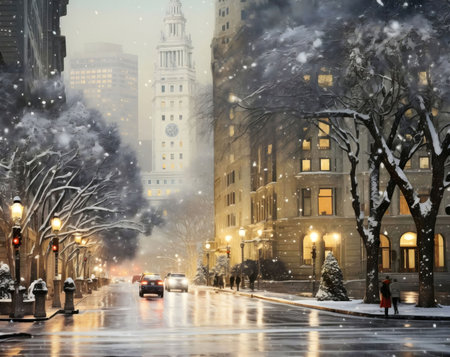 A picturesque winter scene, snow falling on city streets, illuminated buildings and trees. Serene, magical, and romantic atmosphere.の写真素材