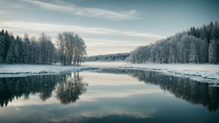 A serene winter scene showcasing a calm lake perfectly reflecting snow-covered trees and a tranquil sky.の写真素材
