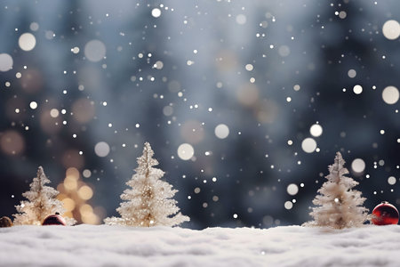 Miniature snowy Christmas trees with ornaments on a winter background.の写真素材
