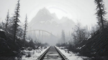 A grayscale image of a railroad track vanishing into a misty mountain landscape during winter. A bridge is faintly visible in the background.の写真素材