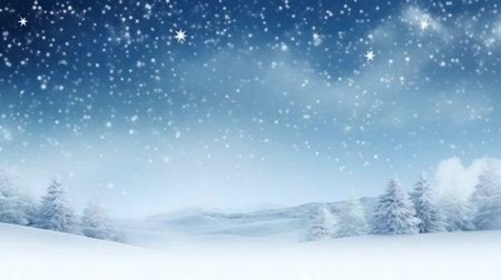 A breathtaking winter scene. Snow falls gently on a snowy landscape, under a starry sky. Perfect for holiday cards.の写真素材