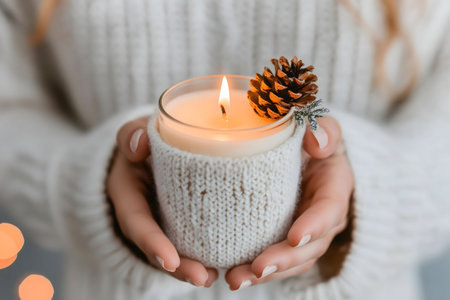 A woman's hands hold a lit candle wrapped in a cozy knit cover, topped with a pine cone. Winter ambiance.の写真素材