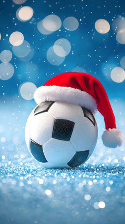 A soccer ball wearing a Santa hat sits on a bed of sparkling blue glitter, creating a festive holiday image.の写真素材