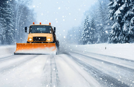 A yellow snow plow truck clears a snowy road during a winter snowstorm. The scene is serene and peacefulの写真素材