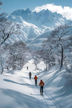 Cross-country skiers traverse a snowy mountain valley, surrounded by majestic snow-covered peaks under a bright winter sky.の写真素材