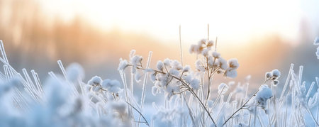 Frozen plants glistening in the soft light of sunrise. A peaceful winter scene.の写真素材