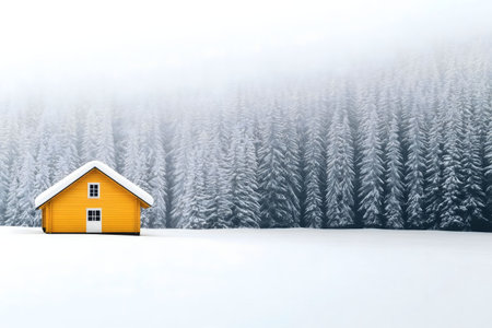 A charming yellow cabin sits amidst a snow-covered forest, creating a tranquil winter scene.の写真素材