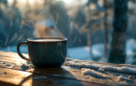 A steaming mug of coffee sits on a snowy wooden table, bathed in the warm light of a winter sunrise. The background is a blurry forest scene.の写真素材