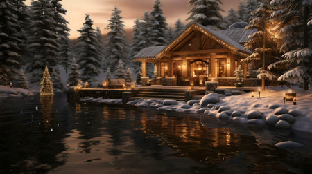 A charming wooden cabin nestled in a snowy forest, illuminated with warm lights, reflecting beautifully on a calm lake. Perfect winter scene.の写真素材
