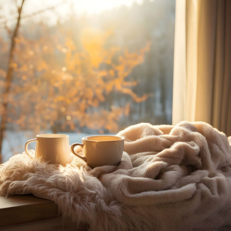 Two mugs of hot beverage nestled in a fluffy blanket, enjoying the warm sunlight and autumn view from the window.の写真素材