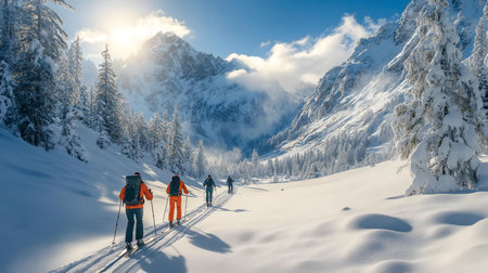Skiers journey through a stunning snowy mountain range. The winter sun illuminates the scene.の写真素材