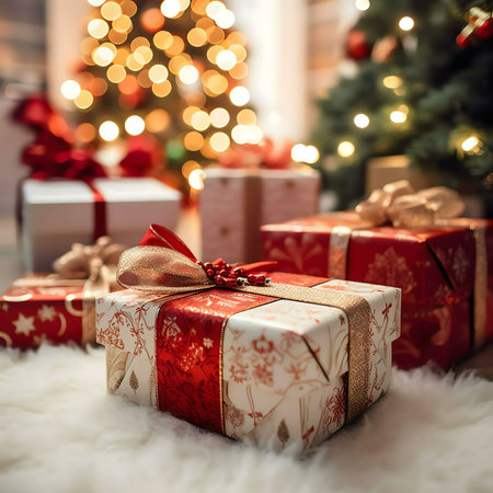 Beautifully wrapped Christmas gifts sit under two decorated Christmas trees, glowing with warm lights. A festive and heartwarming scene.の写真素材