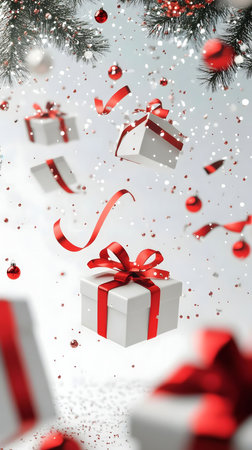 Floating gifts, red ribbons, and festive confetti create a magical Christmas scene. Perfect for holiday cards!の写真素材