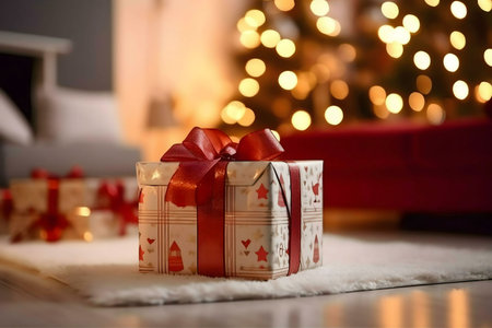 A single beautifully wrapped Christmas gift sits on a fluffy rug in front of a softly glowing Christmas tree. The image evokes feelings of warmth and festive joy.の写真素材