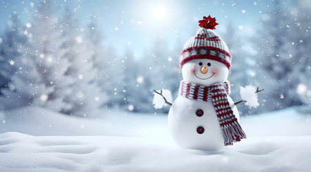 A cheerful snowman stands in a snowy winter landscape. It's a festive scene perfect for the holidays.の写真素材