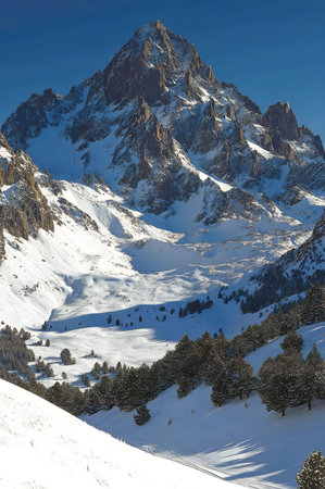 Stunning snow-covered mountain with a serene valley. Picturesque winter landscape.の写真素材