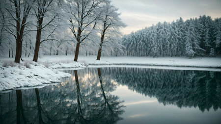 Stunning winter scene with snow-covered trees reflected in a calm lake. Peaceful atmosphere.の写真素材
