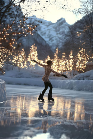 Figure skater gracefully glides on a frozen lake, surrounded by snowy mountains and twinkling lights.の写真素材