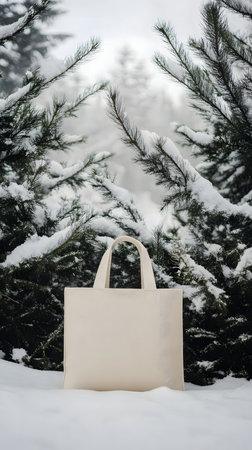 A beige tote bag sits in the snow, surrounded by snow-covered pine trees. Perfect for winter product photoshootsの写真素材