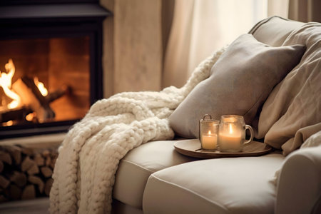 Candles glow softly on a comfy sofa near a crackling fireplace. A cozy winter scene of warmth and relaxation.の写真素材