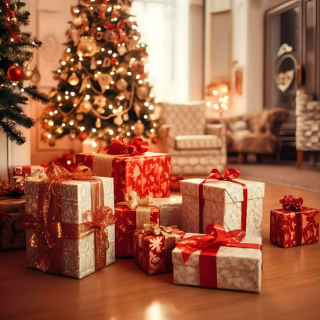 A collection of beautifully wrapped Christmas presents sit beneath a brightly lit Christmas tree, creating a warm and inviting holiday scene.の写真素材