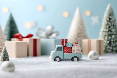 A cute blue toy truck carries Christmas presents in a snowy scene with miniature Christmas trees.の写真素材