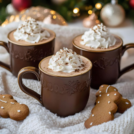 Three mugs of rich hot chocolate topped with fluffy whipped cream and sprinkled with cocoa, alongside gingerbread cookies. Perfect for a cozy Christmas Eve.の写真素材