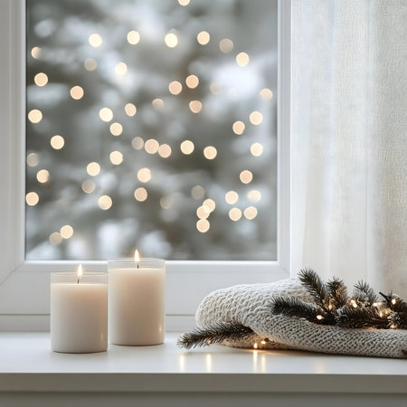 Two candles illuminate a cozy winter scene. Warm lights and a knit sweater create a festive atmosphere.の写真素材