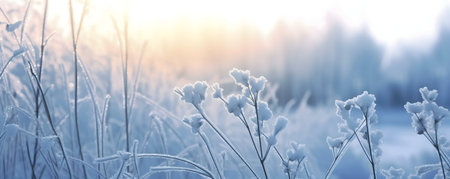 Frosty plants bathed in the soft light of sunrise. A winter scene of serene beauty.の写真素材