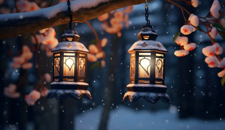 Two elegant lanterns covered in snow hang from a snow-laden branch, creating a magical winter scene.の写真素材