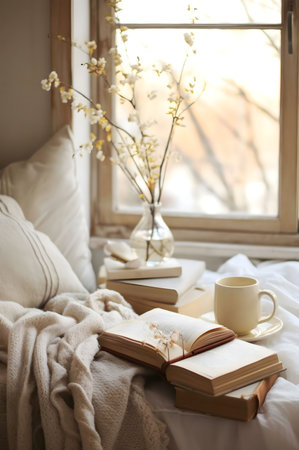A tranquil scene of a cozy reading nook bathed in warm sunlight. Books, a warm mug, and delicate flowers create a relaxing atmosphere.の写真素材