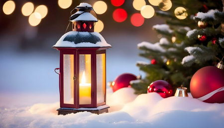 A red lantern glows warmly amidst a snowy Christmas scene.