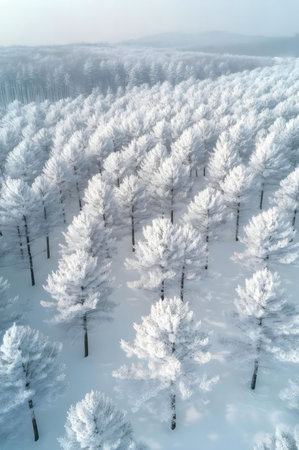A breathtaking aerial view of a snow-covered forest in winter. The frost-covered trees create a...