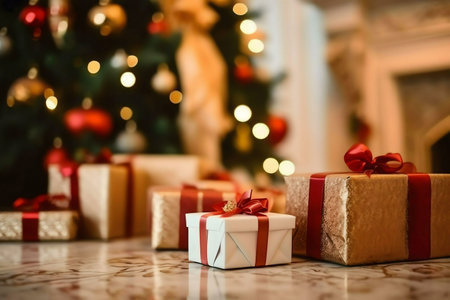 Beautifully wrapped Christmas presents sit under a glowing Christmas tree, capturing the festive spirit of the season.の写真素材