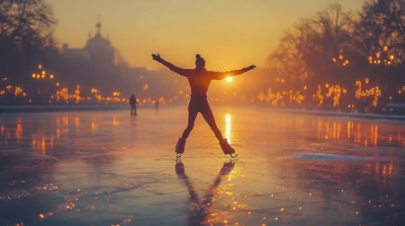 Silhouette of a ice skater at sunset on a frozen lake. Magical winter scene.の写真素材