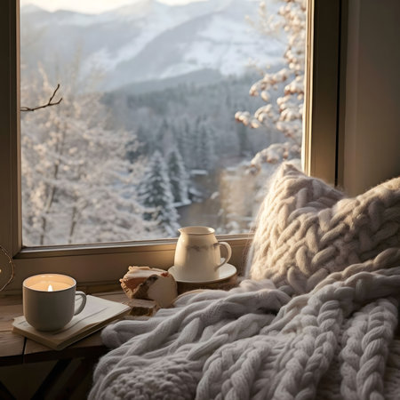 A cozy winter scene with a warm drink and candle, nestled in a knit blanket, overlooking a snowy mountain vista.の写真素材