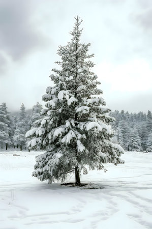 A single snow-covered pine tree stands tall in a serene winter landscape. The scene is peaceful and quiet.の写真素材