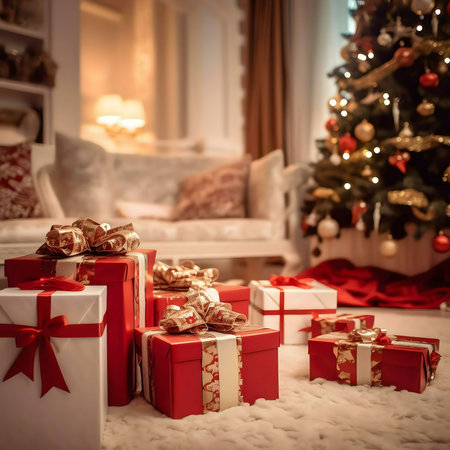 A collection of beautifully wrapped Christmas presents sit on a plush carpet under a decorated Christmas tree in a warm and inviting living room.の写真素材