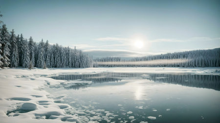 A tranquil winter scene of a frozen lake mirroring a snow covered forest under a bright winter sun.の写真素材