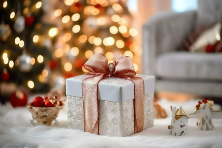 A beautifully wrapped Christmas gift sits on a fluffy surface under a twinkling Christmas tree.の写真素材