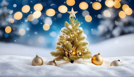 Golden Christmas tree covered in snow with golden ornaments surrounded by sparkling lights in a winter landscapeの写真素材